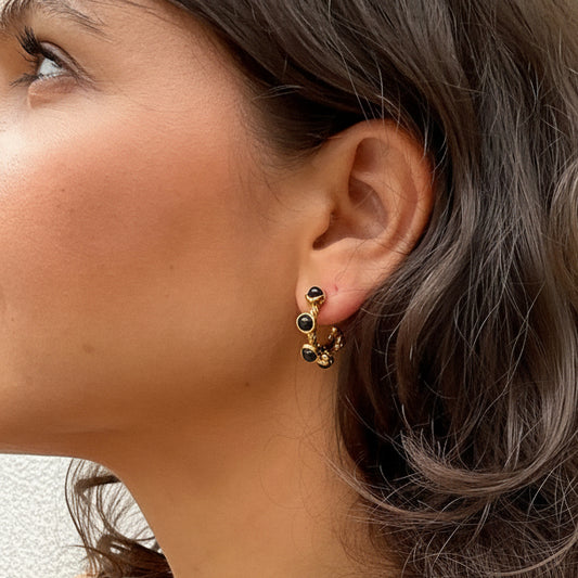 Boucles d’oreilles Pia — Les Pia sont des petites créoles ornées de 5 pierres en résine noire au style baroque. (Acier i